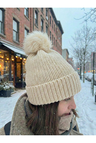 BESKAR Cream Color Hand Knitted Soft Texture Corded Fabric Winter Women's Beanie