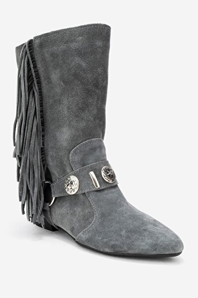 LuviShoes Γυναικείες μπότες Western SELORA με γκρι σουέντ φούντες από γνήσιο δέρμα με αγκράφα