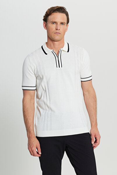 ALTINYILDIZ CLASSICS Men's White 100% Cotton Standard Fit Regular Cut Polo Neck Jacquard Knit T-Shirt