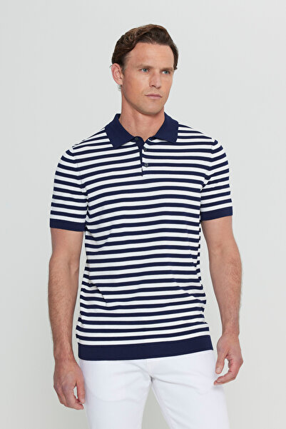ALTINYILDIZ CLASSICS Men's Navy Blue-Ecru Standard Fit Regular Cut Polo Collar Striped Knitwear T-Shirt