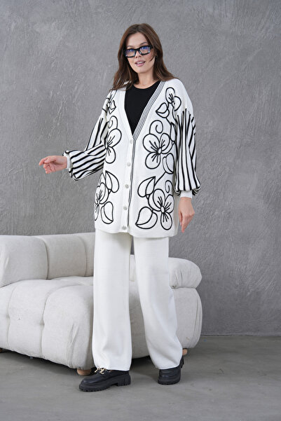 Miss Allos Women's Front Beaded Wide Fit Tr,Ko Cardigan V E Pants Bottom Top Set