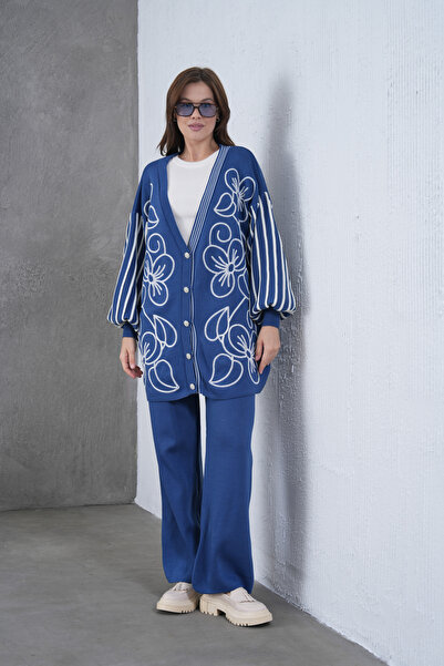 Miss Allos Women's Front Beaded Wide Fit Tr,Ko Cardigan V E Pants Bottom Top Set