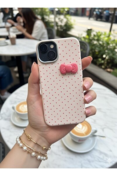 MustCase iPhone 13-14 Kılıf Pembe Puantiyeli Fiyonk Detaylı Deri Görünümlü Şı...