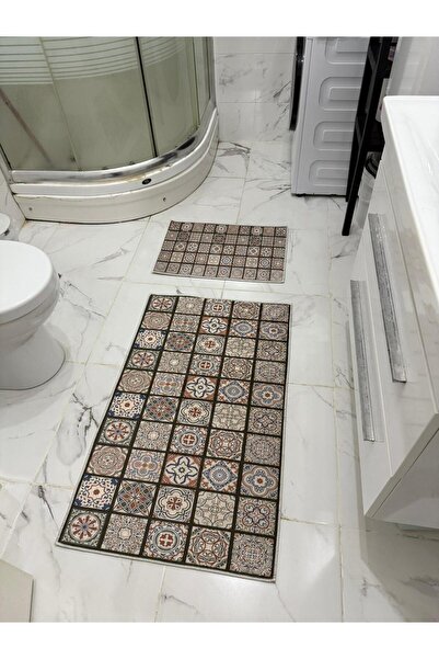 Charmbi Set de 2 covorașe de baie colorate cu model de faianță, bază anti-alu...