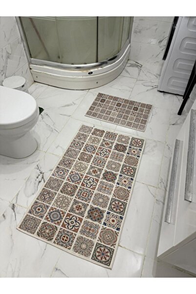 Charmbi Set de 2 covorașe de baie colorate cu model de faianță, bază anti-alu...