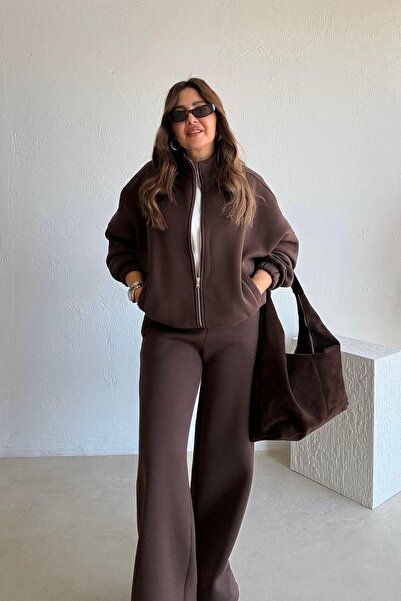 ELVAN TOLON Brown Zippered Fleece-Lined Tracksuit Set