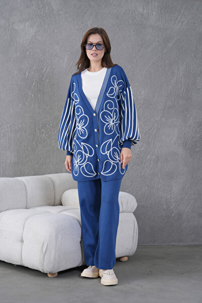 Miss Allos Women's Front Beaded Wide Fit Tr,Ko Cardigan V E Pants Bottom Top Set