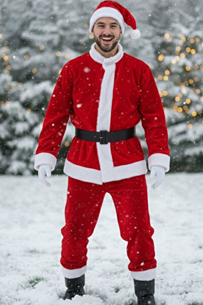 Parti Kırtasiye Men's Santa Claus Costume Red White Plush Detailed Christmas Party Winter Celebration Outfit Set