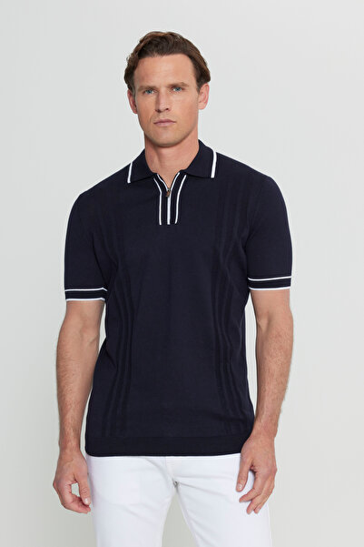ALTINYILDIZ CLASSICS Men's Navy Blue 100% Cotton Standard Fit Regular Cut Polo Neck Jacquard Knit T-Shirt