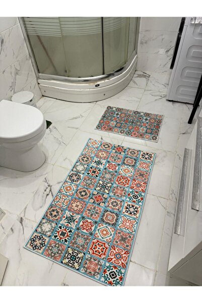 Charmbi Tile Patterned Colorful 2-Piece Bathroom Mat Set Non-Slip Base Machin...