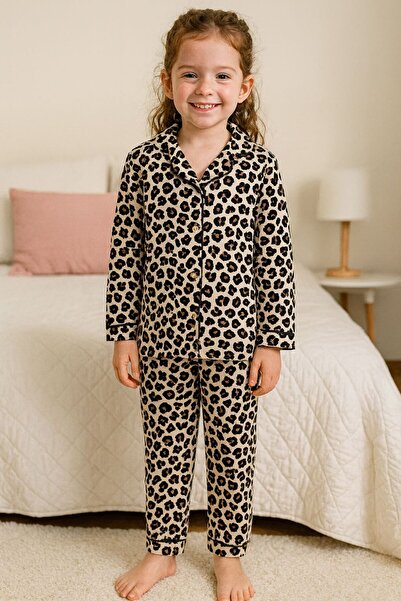 YİGİT BUTİK Leopard Patterned Buttoned Girls' Pajama Set