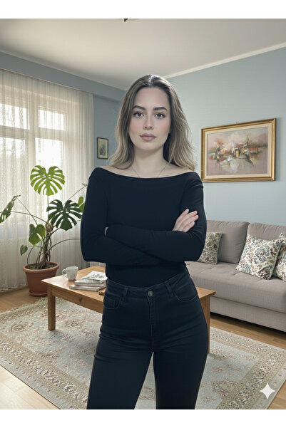 mooishan Omuzu Açık Asimetrik Yakalı Uzun Kollu Slim Fit Bluz