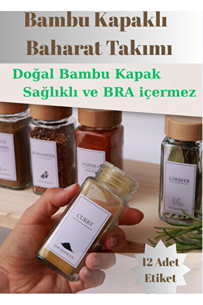 Flash Bazaar 12-Piece Square Glass Spice Jar Set with Bamboo Lids / 12 Pieces with Labels as a Gift / 12-Piece Spice Jar Set