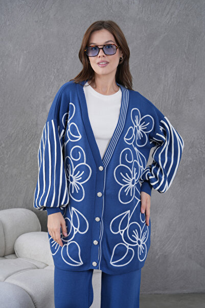 Miss Allos Women's Front Beaded Wide Fit Tr,Ko Cardigan V E Pants Bottom Top Set