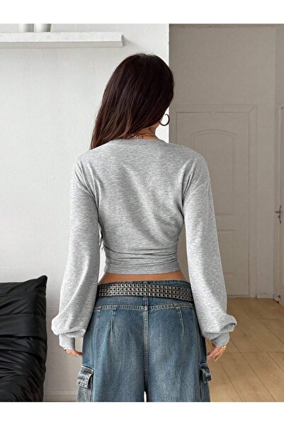 Tarz Cool Women's Gray Crew Neck Sweatshirt with Fitted Waist Design