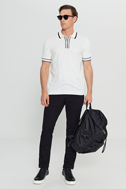 ALTINYILDIZ CLASSICS Men's White 100% Cotton Standard Fit Regular Cut Polo Neck Jacquard Knit T-Shirt