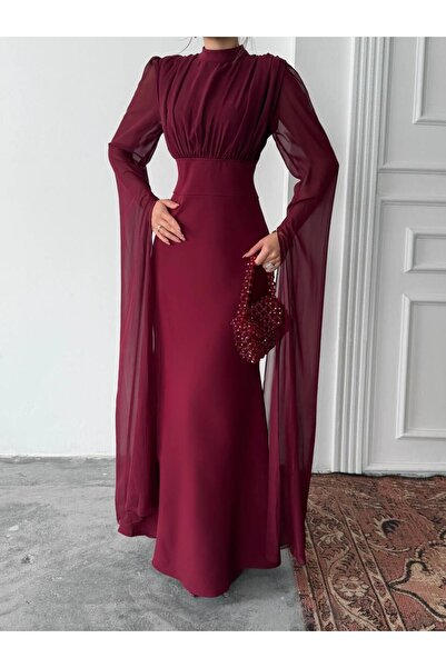conconmoda Karen Tül Kol Korsaj Bağlamalı Uzun Elbise