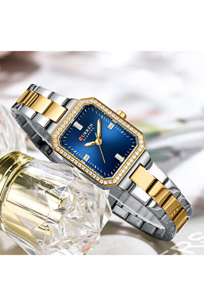 Curren Women Watch 9102 Rectangular Quartz Luxury Waterproof Gold/Blue