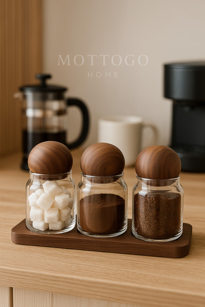 Mottogo Set of 3 Glass Coffee Jars – Sugar Bowl, Coffee Pot, and Organizer with Acacia Lid and Stand