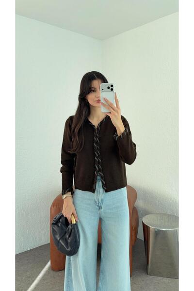 HAZELANNA Gray Striped Brown Cardigan