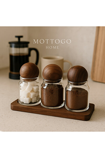 Mottogo Set of 3 Glass Coffee Jars – Sugar Bowl, Coffee Pot, and Organizer with Acacia Lid and Stand