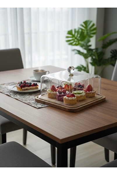 ABAREEK Wooden serving dish with a clear plastic lid and crystal handle