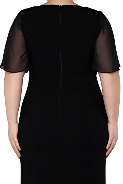 Arden Plus Size Short Evening Dress, Black, Navy Chiffon Double-Breasted Short Sleeve, Midi Cocktail Dress, 44-50