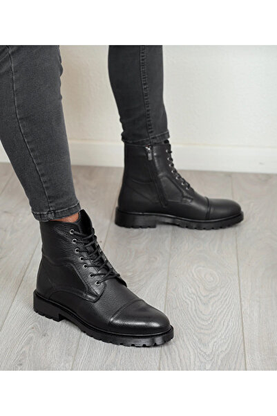 HVZ Exclusive Men's Genuine Leather Lace-Up Zippered Non-Slip Sole Comfortable Boots