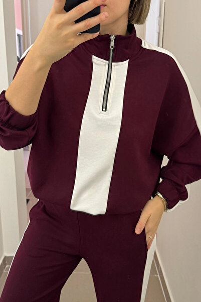 Kubos Moda Zippered Striped Adjustable Elastic Burgundy Modal Tracksuit Set