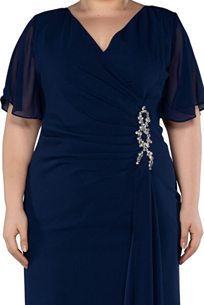 Arden Plus Size Short Evening Dress, Black, Navy Chiffon Double-Breasted Short Sleeve, Midi Cocktail Dress, 44-50