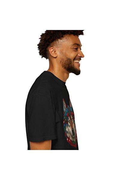 mrmubomen Unisex Black Oversized Flag Wolf Patterned Tshirt