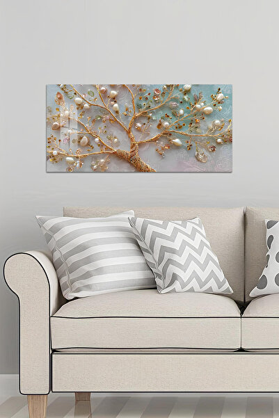 kutuTR 3D Görünümlü 2D Baskı Temperli Cam Tablo – İnci ve Kristal Detaylı Ağa...