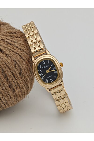 Marlas Retro Women's Wristwatch, Black Dial, Minimal Design, Golden Yellow Case, Roman Numeral Dial