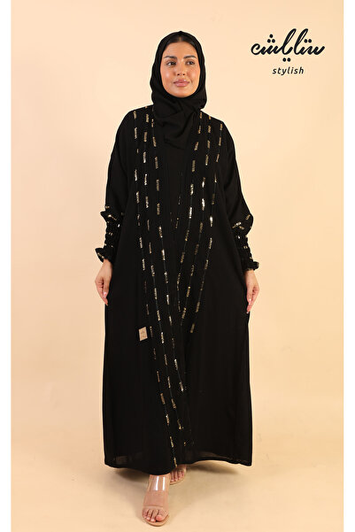 Stylish عباية لف باللون الأسود مزينة بزم على الأكمام