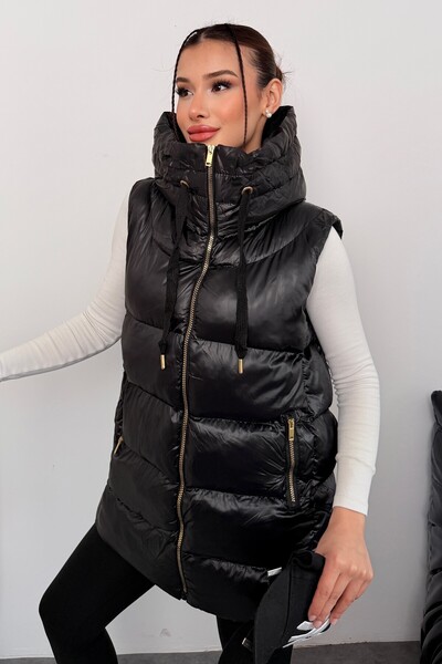 moda armanc Women's Long Black Hooded Puffer Vest – Astronaut Collar, Waterproof, Oversized