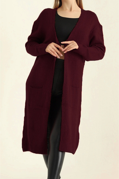 AURRARİ Burgundy Color Knitted Sweater Long Pocket Cardigan