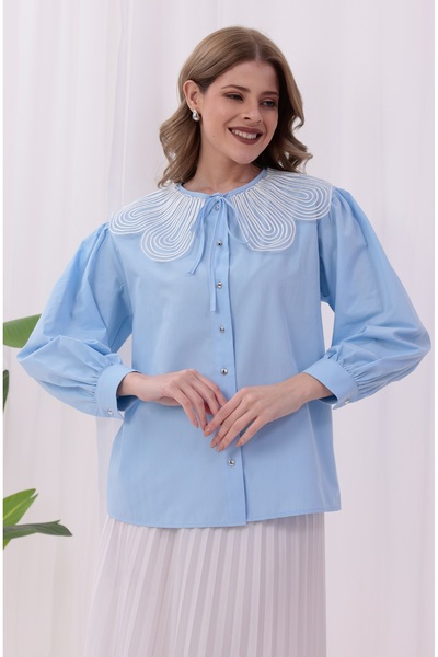 Dagü Design Kadın bebe yaka balon kol mavi poplin gömlek