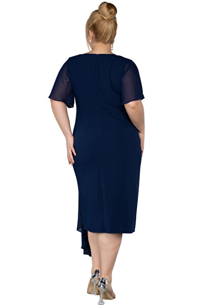 Arden Plus Size Short Evening Dress, Black, Navy Chiffon Double-Breasted Short Sleeve, Midi Cocktail Dress, 44-50