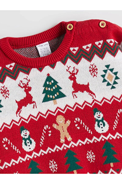 LC Waikiki Baby Red Crew Neck Long Sleeve Christmas Themed 100% Cotton 2-Piece Baby Boy Set