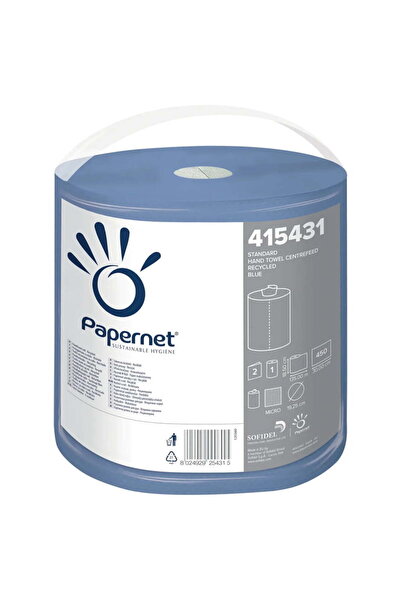 Papernet Central-dispense roll, blue, recycled paper, individually wrapped, with handle, 2-ply, 450 portions,