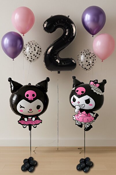 PARTİAVM 2 Year Old Double Kuromi Theme Birthday Set Black Number Confetti Transparent Balloon Helium Compatible Flying Balloon