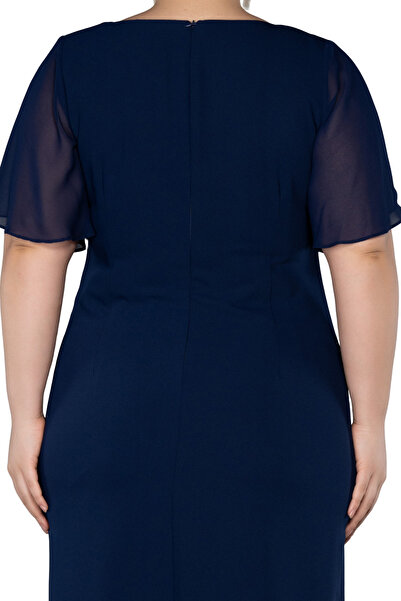 Arden Plus Size Short Evening Dress, Black, Navy Chiffon Double-Breasted Short Sleeve, Midi Cocktail Dress, 44-50