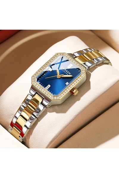 Curren Women Watch 9102 Rectangular Quartz Luxury Waterproof Gold/Blue