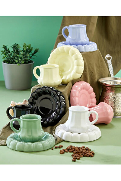 AENLINE HOME 6 Kişilik Renkli Tasarım Seramik Türk Kahvesi Fincan Takımı