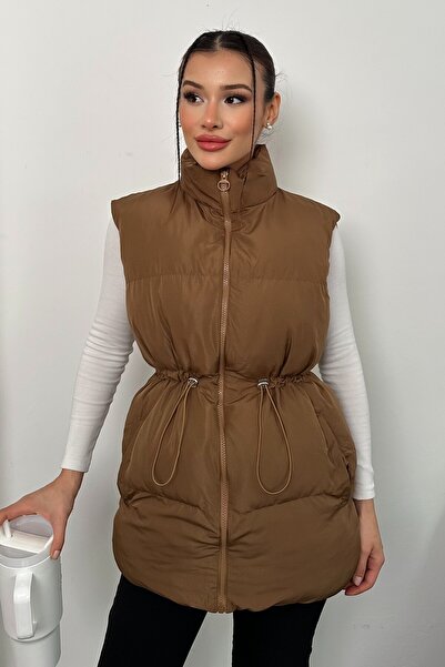moda armanc Γυναικείο καφέ πουπουλένιο γιλέκο - Αθλητικό πουπουλένιο γιλέκο με τσέπες με φερμουάρ