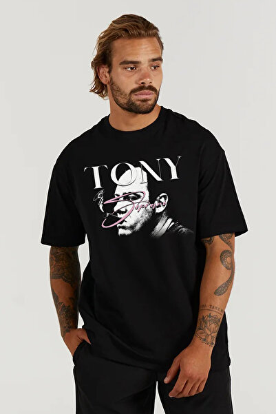 kun inaki Tony Soprano The Sopranos Baskılı Oversize Kalıp Siyah Geniş Bol Ke...