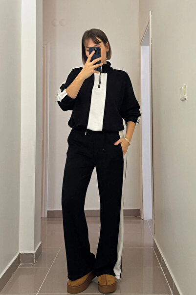 Kubos Moda طقم بدلة رياضية من المودال الأسود مع أشرطة مرنة قابلة للتعديل بسحاب