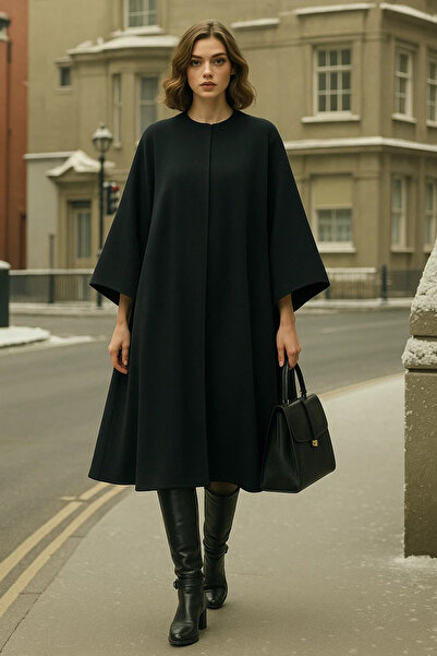 comstar Kadın Kışlık Uzun Siyah Kaşe Kaban