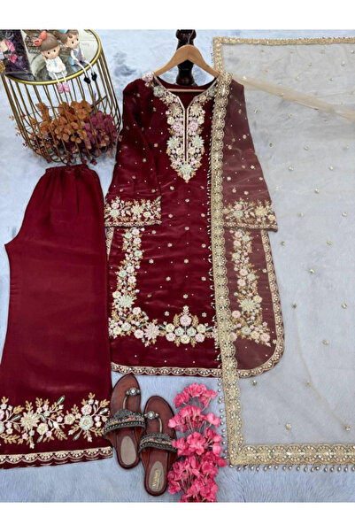 MYSMAR Red Jimmy Choo Top Plazzo Dupatta - HRT4580 | Red