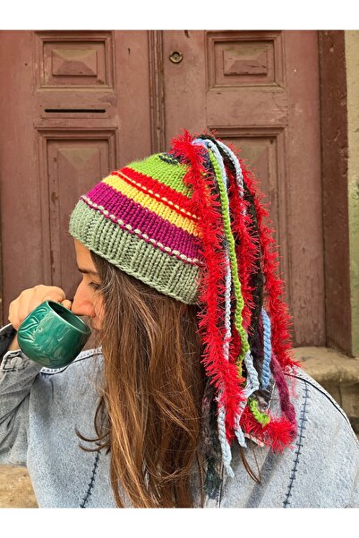 Bohoyasam Renkli El Örgüsü Uzun Püsküllü & Saçaklı Tasarım Bohem Bere - Yumuşak Dokulu, Kışlık Bere